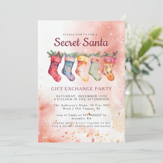 クリスマスストッキングピンクシークレットサンタパーティー 招待状 (スタンド正面)