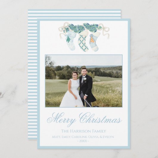 クリスマスストッキングブルーワンフォトヴィンテージ シーズンカード (正面/裏面)