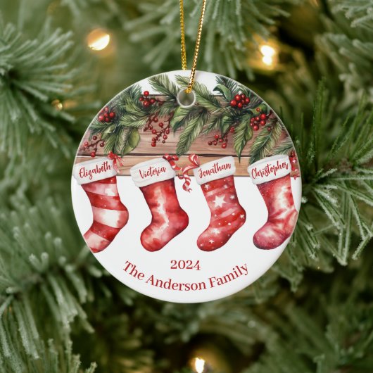 クリスマスストッキング家族の写真 セラミックオーナメント (ツリー)