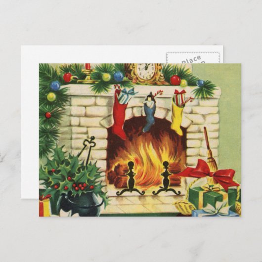 クリスマスストッキング暖炉と装飾 シーズンポストカード (正面/裏面)
