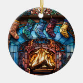 クリスマスストッキング暖炉ステンドグラス セラミックオーナメント (正面)