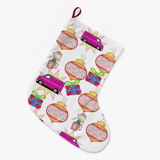 クリスマスストッキング、おもちゃベルピンクカー ラージクリスマスストッキング (正面 (吊り時))