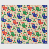 クリスマスストッキング、キャンディーケーン、ホリーベリー ラッピングペーパー (フラット)