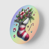 クリスマスストッキング(ギフトとキャンディーキャン付) ラウンド壁時計 (傾斜)