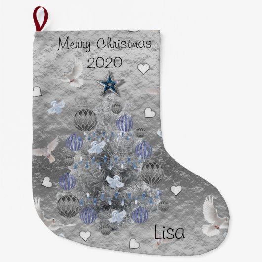 クリスマスストッキング、クリスマスブルーシルバーツリー ラージクリスマスストッキング (正面)
