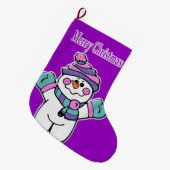クリスマスストッキング、パープル雪だるま ラージクリスマスストッキング (正面 (吊り時))