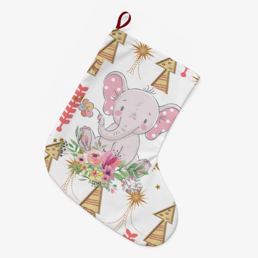 クリスマスストッキング、象金ゴールドツリーフローラ ラージクリスマスストッキング (正面 (吊り時))