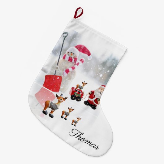 クリスマスストッキング、雪だるまヴィンテージサンタ ラージクリスマスストッキング (正面 (吊り時))