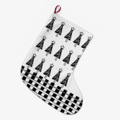 クリスマスストッキング、黒と白の市松模様に木 ラージクリスマスストッキング (正面 (吊り時))