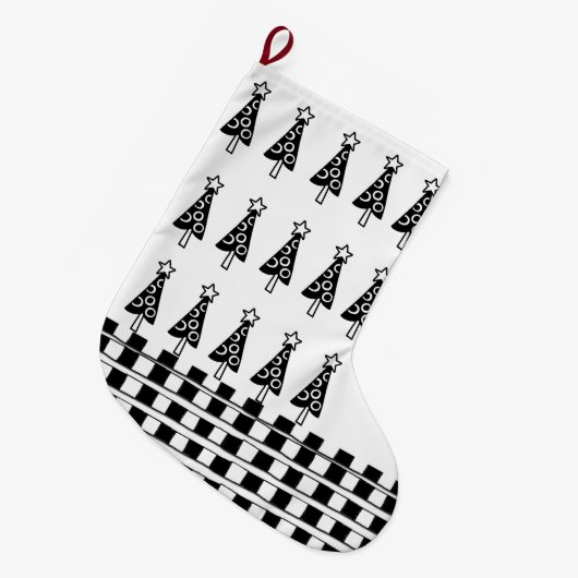 クリスマスストッキング、黒と白の市松模様に木 ラージクリスマスストッキング (正面 (吊り時))