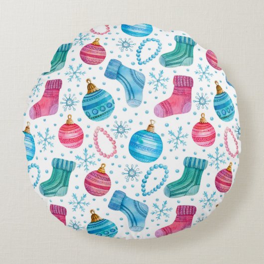 クリスマスストッキン付き水彩の継ぎ目のない模様 ラウンドクッション (正面)