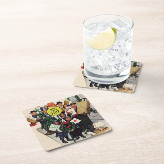 クリスマスストップのバス スクエアペーパーコースター (インサイチュ)