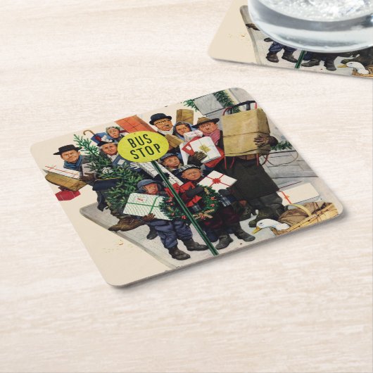 クリスマスストップのバス スクエアペーパーコースター (アングル)