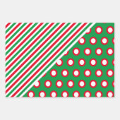 クリスマスストライプのフェスティバル&ドット – 赤い緑のクリスマスプレゼント ラッピングペーパーシート (正面2)