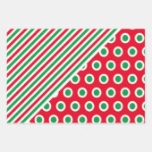 クリスマスストライプのフェスティバル&ドット – 赤い緑のクリスマスプレゼント ラッピングペーパーシート (正面)