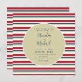 クリスマスストライプクリスマスベージュレッド海軍ヴィンテージウェディング 招待状 (正面/裏面)