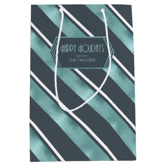 クリスマスストライプパターンティール（緑がかった色）ID862 ミディアムペーパーバッグ (正面)