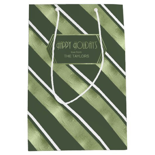 クリスマスストライプパターン緑/白ID862 ミディアムペーパーバッグ (正面)