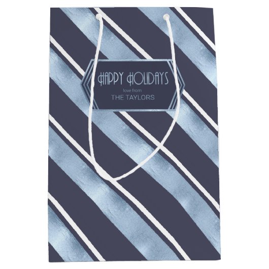 クリスマスストライプパターン青ID862 ミディアムペーパーバッグ (正面)