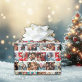 クリスマスストライプフォト名コラージュ休日 ラッピングペーパー