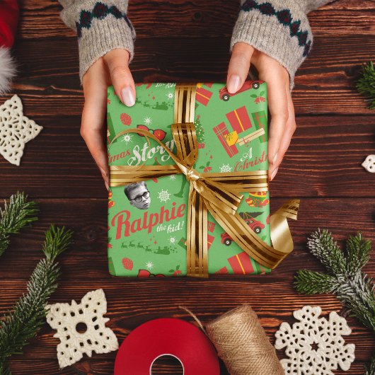 クリスマスストーリーの緑のアイコンパターン ラッピングペーパーシート