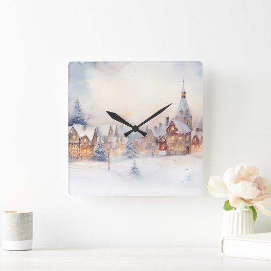 クリスマススノーウィンターワンダーランドビレッジランドスケープ スクエア壁時計 (ホーム)