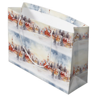 クリスマススノーウィンターワンダーランドビレッジランドスケープ ラージペーパーバッグ