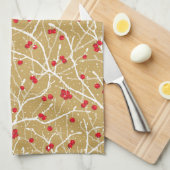 クリスマススノーウィーインターベリー | 金ゴールド/赤/白 キッチンタオル (四つ折り)