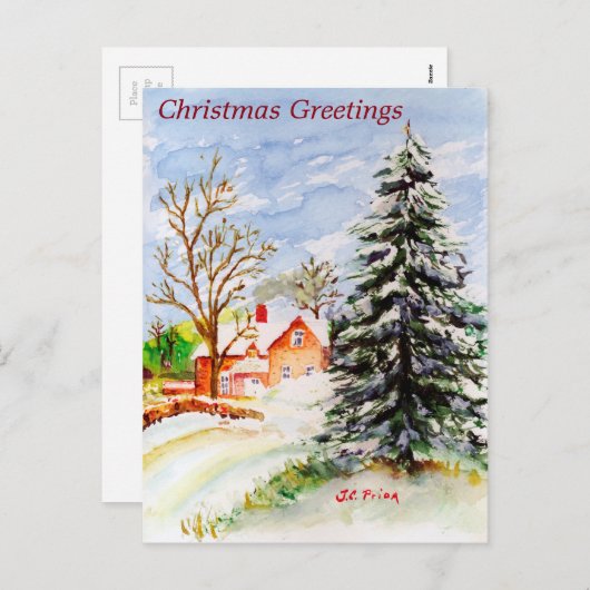 クリスマススノーウィーウィンターシーンウォーターカラーのホーム シーズンポストカード (正面/裏面)