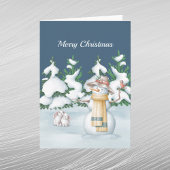 クリスマススノーウーマンうさぎ木の雪水色 シーズンカード