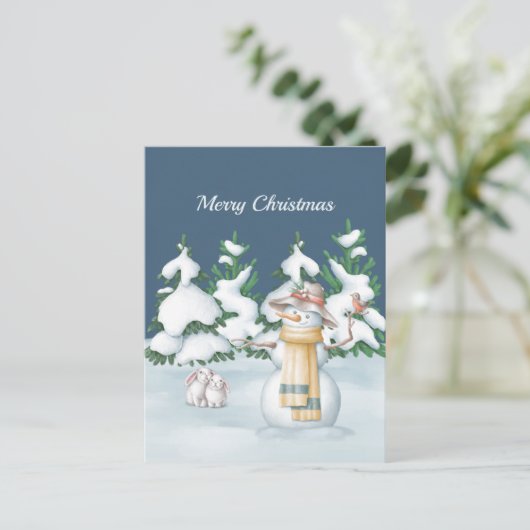 クリスマススノーウーマンうさぎ木の雪水色 シーズンポストカード (スタンド正面)
