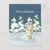 クリスマススノーウーマンうさぎ木の雪水色 シーズンポストカード (正面)
