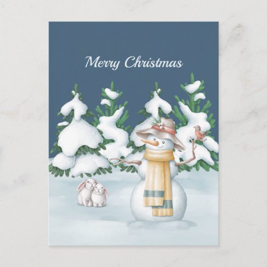 クリスマススノーウーマンうさぎ木の雪水色 シーズンポストカード (正面)