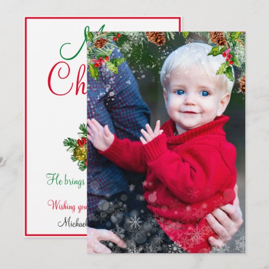 クリスマススノーオーバーレイのパーソナライズされたフォトフラットカード シーズンカード (正面/裏面)