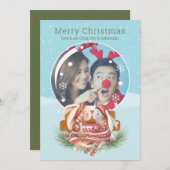 クリスマススノーグローブとウサギのカップルのフォトカード 招待状 (正面/裏面)