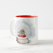 クリスマススノーグローブの水色イラストレーション ツートーンマグカップ (正面左)