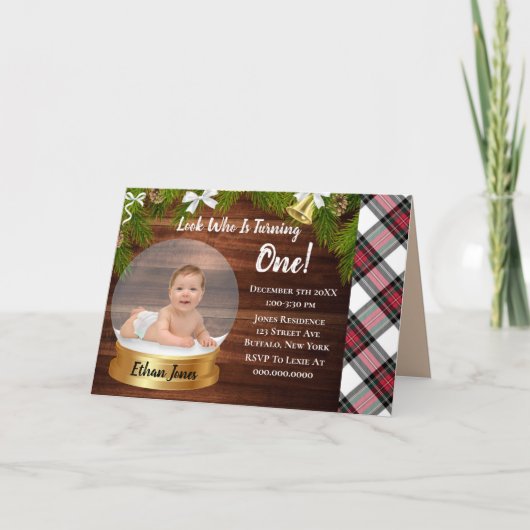 クリスマススノーグローブ写真を追加1st誕生日パーティー カード (正面)