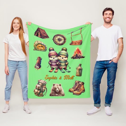 クリスマススノースキーオッターカップル屋外ミントグリーン フリースブランケット (インサイチュ)