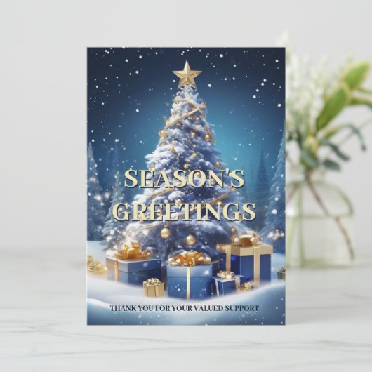 クリスマススノーツリーブルーホワイトビジネスDIY写真 シーズンカード (スタンド正面)