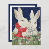 クリスマススノーバニーラビットダークブルーホリーベリー シーズンポストカード (正面/裏面)