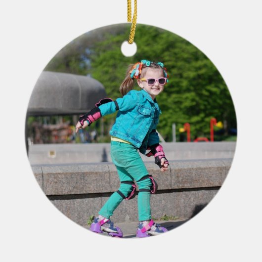 クリスマススノーフレークかわいいバレリーナ写真ブルー セラミックオーナメント (正面)