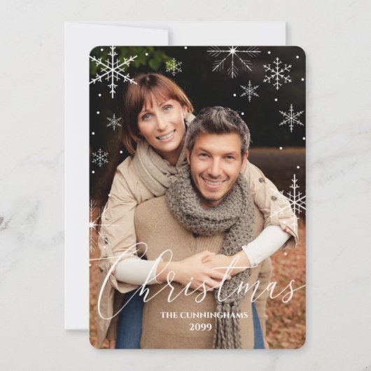 クリスマススノーフレークとタイポグラフィ写真 シーズンカード (正面)