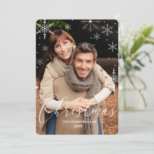 クリスマススノーフレークとタイポグラフィ写真 シーズンカード (スタンド正面)