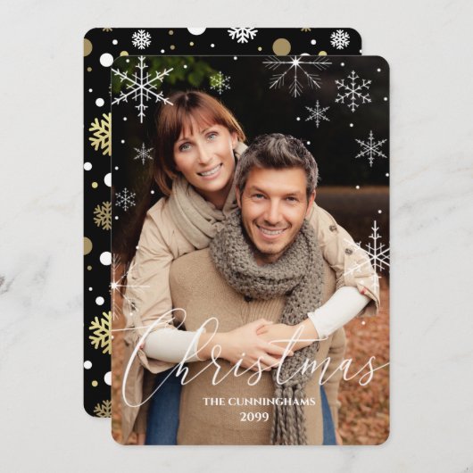 クリスマススノーフレークとタイポグラフィ写真 シーズンカード (正面/裏面)