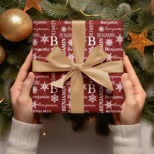 クリスマススノーフレークの繰り返しパーソナライズされた名 ラッピングペーパー