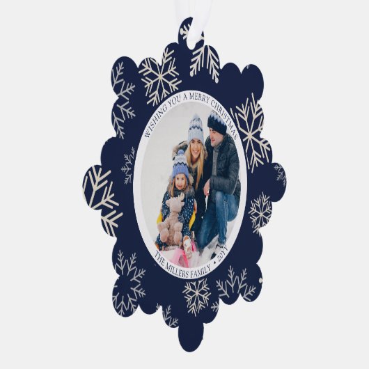 クリスマススノーフレークの青い写真 オーナメントカード (右)