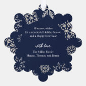 クリスマススノーフレークの青い写真 オーナメントカード (裏面)