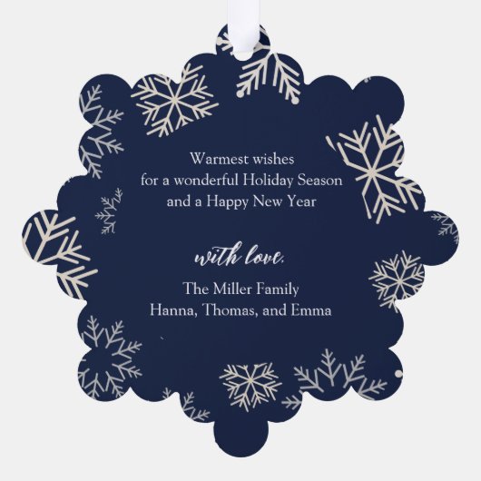 クリスマススノーフレークの青い写真 オーナメントカード (裏面)