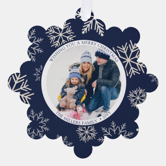 クリスマススノーフレークの青い写真 オーナメントカード (正面)