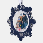 クリスマススノーフレークの青い写真 オーナメントカード (左)